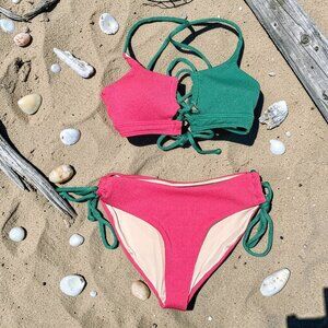 B2Prity Textured Tie Side Tie Back Keyhole Bikini Swimsuit Size S